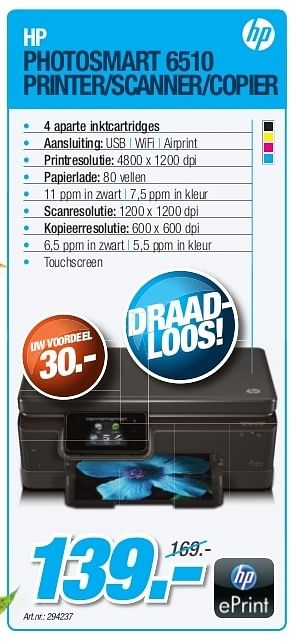 Promotions Hp photosmart 6510 printer-scanner-copier - HP - Valide de 23/10/2012 à 30/11/2012 chez Auva