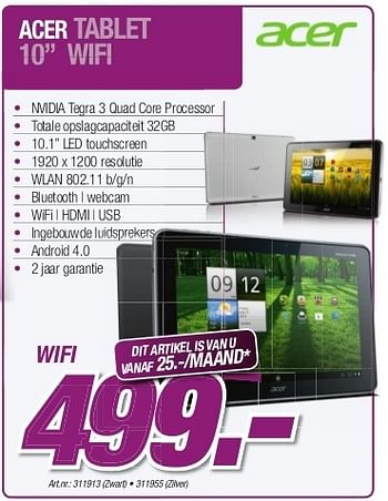 Promoties Acer tablet wifi - Acer - Geldig van 23/10/2012 tot 30/11/2012 bij Auva