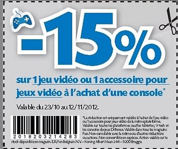 Promotions -15% sur 1 jeu vidéo ou 1 accessoire pour jeux vidéo à lachat dune console - Produit maison - Fun - Valide de 23/10/2012 à 12/11/2012 chez Fun