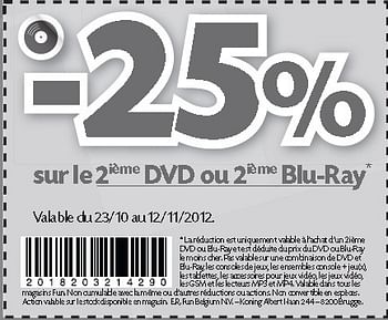 Promotions -25% sur le 2ième dvd ou 2ième blu-ray - Produit maison - Fun - Valide de 23/10/2012 à 12/11/2012 chez Fun
