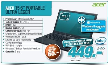 Promotions Acer 15.6 portable ultra léger - Acer - Valide de 24/10/2012 à 30/11/2012 chez Auva