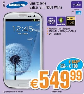 Promotions Samsung smartphone galaxy siii i9300 white - Samsung - Valide de 29/10/2012 à 25/11/2012 chez Krefel