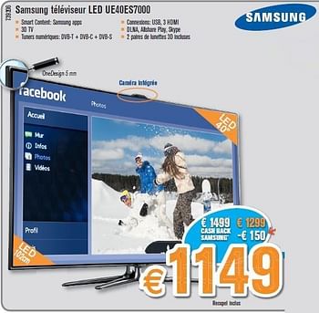 Promotions Samsung téléviseur led ue40es7000 - Samsung - Valide de 29/10/2012 à 25/11/2012 chez Krefel