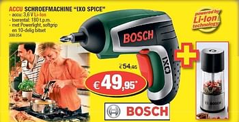 Promoties Bosch accu schroefmachine ixo spice - Bosch - Geldig van 31/10/2012 tot 18/11/2012 bij Hubo