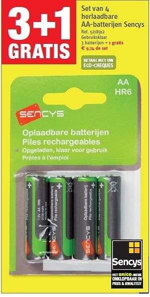Promoties Set van 4 herlaadbare aa-batterijen sencys - Sencys - Geldig van 14/11/2012 tot 26/11/2012 bij Brico
