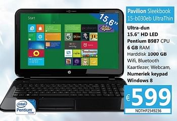 Promoties Hp pavilion sleekbook 15-b030eb ultrathin - HP - Geldig van 01/12/2012 tot 15/01/2013 bij Compudeals