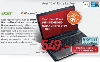 Promoties Acer 15.6 entry laptop - Acer - Geldig van 03/12/2012 tot 22/12/2012 bij Auva