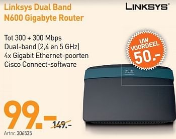 Promotions Linksys dual band n600 gigabyte router - Linksys - Valide de 03/12/2012 à 22/12/2012 chez Auva