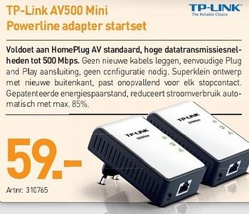Promoties Tp-link av500 mini powerline adapter startset - TP-LINK - Geldig van 03/12/2012 tot 22/12/2012 bij Auva
