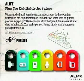 Promotions Alife plug tag kabellabels set 6 plugs - Alife - Valide de 05/12/2012 à 31/12/2012 chez A.S.Adventure