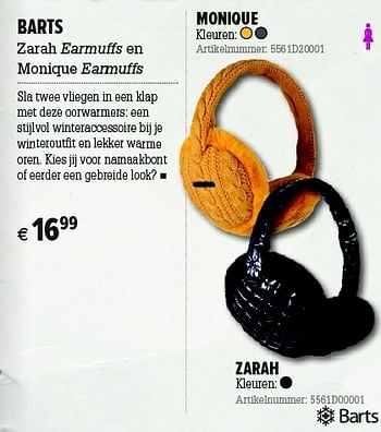Promoties Barts zarah earmuffs en monique earmuffs - Barts - Geldig van 05/12/2012 tot 31/12/2012 bij A.S.Adventure