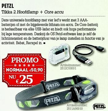 Promoties Petzl tikka 2 hoofdlamp + core accu - PETZL - Geldig van 05/12/2012 tot 31/12/2012 bij A.S.Adventure