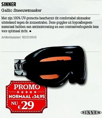 Promoties Sinner gallic sneeuwmasker - Sinner - Geldig van 05/12/2012 tot 31/12/2012 bij A.S.Adventure