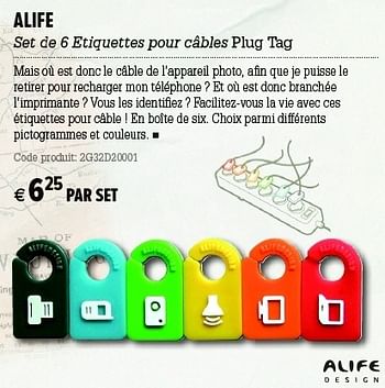 Promotions Alife set de 6 etiquettes pour câbles plug tag - Alife - Valide de 05/12/2012 à 31/12/2012 chez A.S.Adventure