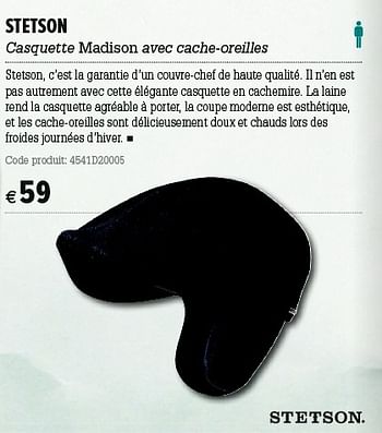 Promotions Stetson casquette madison avec cache-oreilles - Stetson - Valide de 05/12/2012 à 31/12/2012 chez A.S.Adventure
