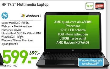 Promoties Hp 17.3 multimedia laptop - HP - Geldig van 05/12/2012 tot 03/01/2013 bij VCD