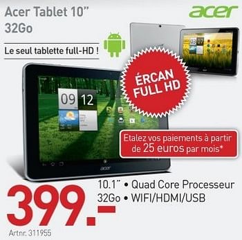 Promotions Acer tablet 10 32go - Acer - Valide de 10/12/2012 à 31/12/2012 chez Auva