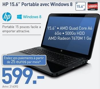 Promotions Hp 15.6 portable avec windows 8 - HP - Valide de 10/12/2012 à 31/12/2012 chez Auva