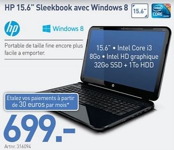 Promotions Hp 15.6 sleekbook avec windows 8 - HP - Valide de 10/12/2012 à 31/12/2012 chez Auva