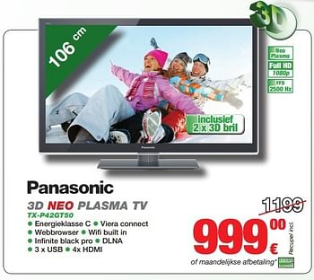 Promoties Panasonic 3d neo plasma tv tx-p42gt50 - Panasonic - Geldig van 01/01/2013 tot 31/01/2013 bij ElectronicPartner