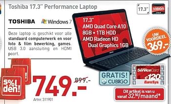 Promoties Toshiba 17.3 performance laptop - Toshiba - Geldig van 03/01/2013 tot 19/01/2013 bij Auva