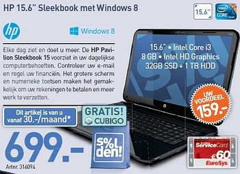 Promoties Hp 15.6 sleekbook met windows 8 - HP - Geldig van 03/01/2013 tot 19/01/2013 bij Auva