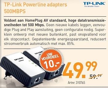 Promoties Tp-link powerline adapters 500mbps - TP-LINK - Geldig van 03/01/2013 tot 19/01/2013 bij Auva