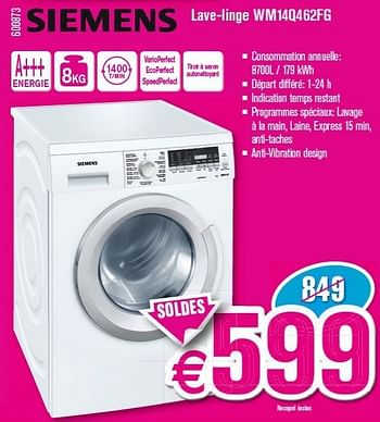 Promotions Siemens lave-linge wm14q462fg - Siemens - Valide de 03/01/2013 à 31/01/2013 chez Krefel