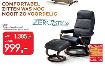 Promoties Zerostress-fauteuil met pouf in leder donkerbruin, beige of taupe - Zero Stress - Geldig van 03/01/2013 tot 31/01/2013 bij Meubelen Gova