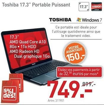 Promotions Toshiba 17.3 portable puissant - Toshiba - Valide de 15/01/2013 à 31/01/2013 chez Auva