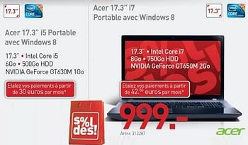 Promotions Acer 17.3 i7 portable avec windows 8 - Acer - Valide de 15/01/2013 à 31/01/2013 chez Auva