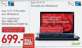 Promotions Acer 17.3 i5 portable avec windows 8 - Acer - Valide de 15/01/2013 à 31/01/2013 chez Auva
