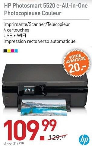 Promotions Hp photosmart 5520 e-all-in-one photocopieuse couleur - HP - Valide de 15/01/2013 à 31/01/2013 chez Auva