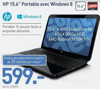 Promotions Hp 15.6 portable avec windows 8 - HP - Valide de 15/01/2013 à 31/01/2013 chez Auva