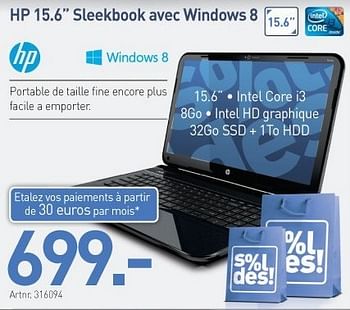 Promotions Hp 15.6 sleekbook avec windows 8 - HP - Valide de 15/01/2013 à 31/01/2013 chez Auva