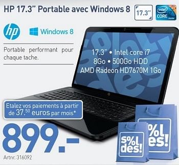 Promotions Hp 17.3 portable avec windows 8 - HP - Valide de 15/01/2013 à 31/01/2013 chez Auva