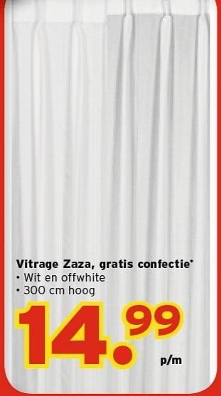 Promoties Vitrage zaza, gratis confectie - Merk onbekend - Geldig van 28/01/2013 tot 10/02/2013 bij Kwantum