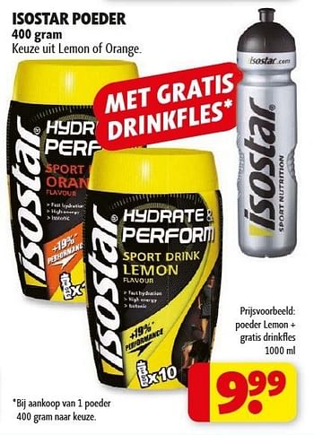 Promoties Isostar poeder lemon + gratis drinkfles - Isostar - Geldig van 29/01/2013 tot 10/02/2013 bij Kruidvat