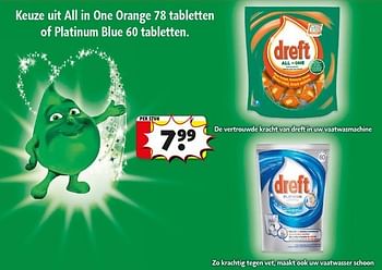 Promoties Keuze uit al in one orange 78 tabletten of platium blue 60 tabletten - Dreft - Geldig van 29/01/2013 tot 10/02/2013 bij Kruidvat