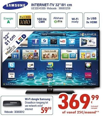 Promoties Samsung internet-tv 32``-81 cm ue32eh5300 - Samsung - Geldig van 03/02/2013 tot 02/03/2013 bij Eldi