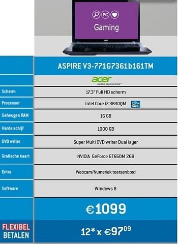 Promoties Acer aspire v3-771g7361b161tm - Acer - Geldig van 05/02/2013 tot 28/02/2013 bij Exellent