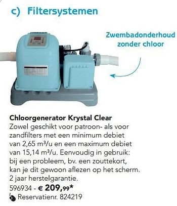 Promoties Chloorgenerator krystal clear - Huismerk - Dreamland - Geldig van 07/02/2013 tot 17/08/2013 bij Dreamland