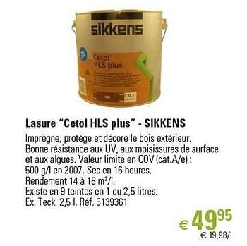 Promotions Lasure “cetol hls plus” - sikkens - Sikkens - Valide de 01/03/2013 à 26/06/2013 chez Brico
