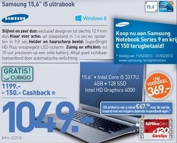 Promotions Samsung 15,6 i5 ultrabook - Samsung - Valide de 04/03/2013 à 23/03/2013 chez Auva
