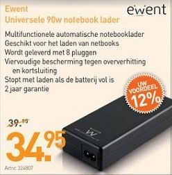 Promoties Ewent universele 90w notebook lader - Ewent - Geldig van 04/03/2013 tot 23/03/2013 bij Auva