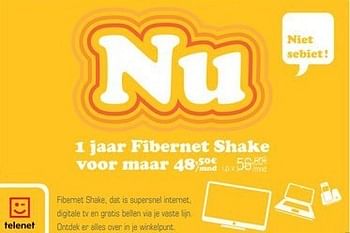 Promoties I jaar fibernet shake - Telenet - Geldig van 04/03/2013 tot 23/03/2013 bij Auva