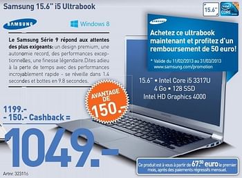 Promotions Samsung 15.6 i5 ultrabook - Samsung - Valide de 19/03/2013 à 30/03/2013 chez Auva
