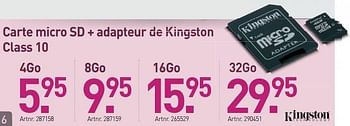 Promotions Carte micro sd + adapteur de kingston class 10 - Kingston - Valide de 19/03/2013 à 30/03/2013 chez Auva