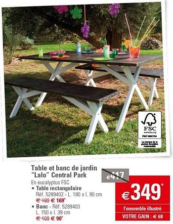 Promoties Table et banc de jardin “lalo” central park - Central Park - Geldig van 27/03/2013 tot 22/04/2013 bij Brico