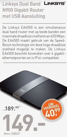 Promoties Linksys dual band n900 gigabit router met usb aansluiting - Linksys - Geldig van 29/03/2013 tot 30/04/2013 bij Auva